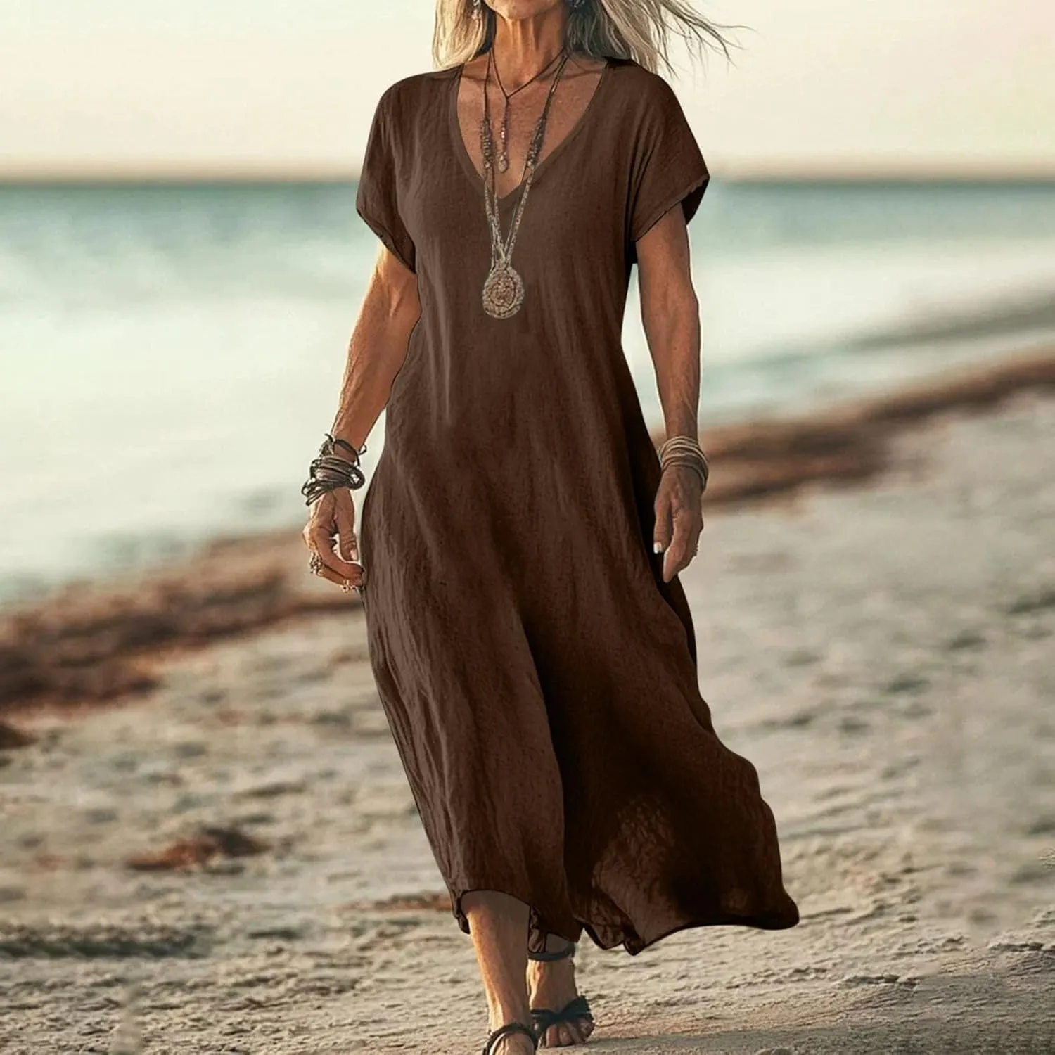 Summer Dresses for Women 2025 Flowy Trendy Casual Cotton Linen Dresses Beach Short Sleeve Vacation Maxi Sundresses
