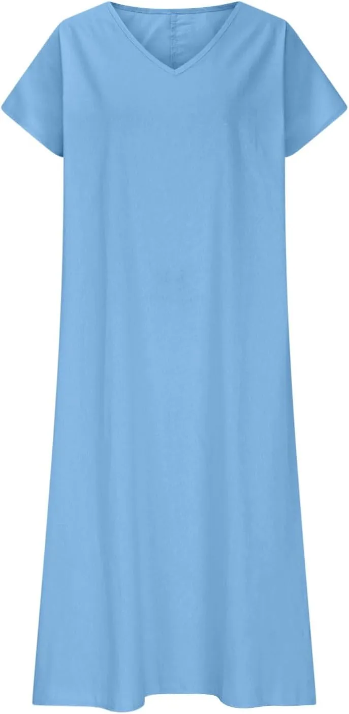 Summer Dresses for Women 2025 Flowy Trendy Casual Cotton Linen Dresses Beach Short Sleeve Vacation Maxi Sundresses
