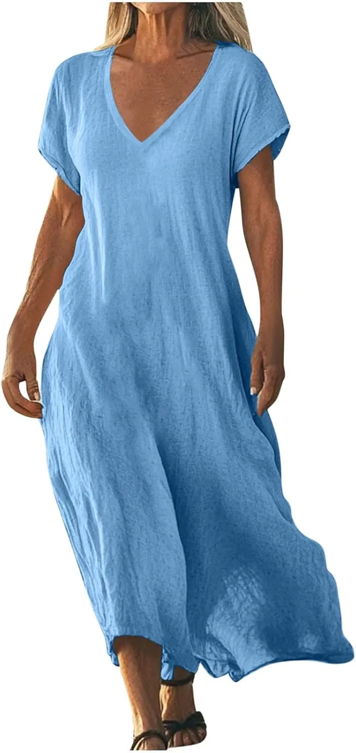 Summer Dresses for Women 2025 Flowy Trendy Casual Cotton Linen Dresses Beach Short Sleeve Vacation Maxi Sundresses