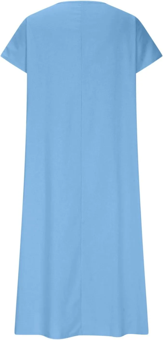 Summer Dresses for Women 2025 Flowy Trendy Casual Cotton Linen Dresses Beach Short Sleeve Vacation Maxi Sundresses