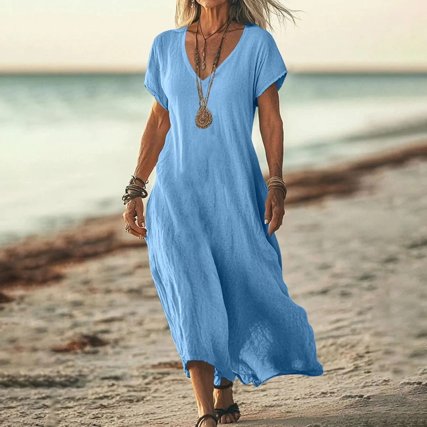Summer Dresses for Women 2025 Flowy Trendy Casual Cotton Linen Dresses Beach Short Sleeve Vacation Maxi Sundresses