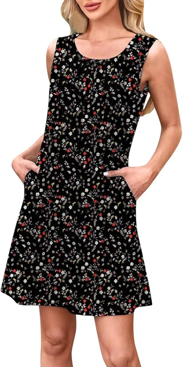 Summer Dresses for Women 2025 Plus Size Casual Crewneck Sleeveless Sundresses with Pockets Boho Beach Coverups Tank Dress