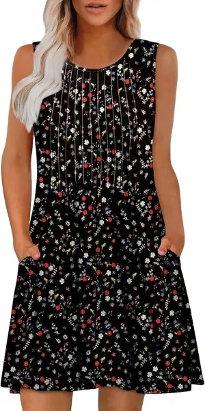 Summer Dresses for Women 2025 Plus Size Casual Crewneck Sleeveless Sundresses with Pockets Boho Beach Coverups Tank Dress