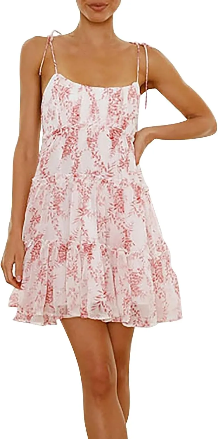 Summer Dresses for Women 2025 Sleeveless Spaghetti Strap Floral Mini Dress Chiffon Tiered Ruffle Smocked Boho Dress
