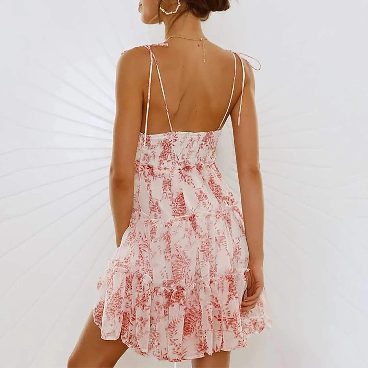 Summer Dresses for Women 2025 Sleeveless Spaghetti Strap Floral Mini Dress Chiffon Tiered Ruffle Smocked Boho Dress