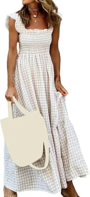Summer Dresses for Women 2025 Strap Maxi Flowy Dresses Flying Sleeve Plaid Square Neck Casual Beach Vacation Sundress