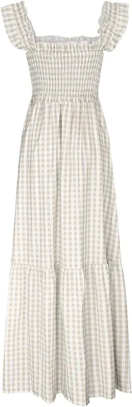 Summer Dresses for Women 2025 Strap Maxi Flowy Dresses Flying Sleeve Plaid Square Neck Casual Beach Vacation Sundress