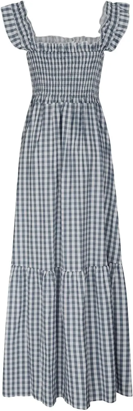 Summer Dresses for Women 2025 Strap Maxi Flowy Dresses Flying Sleeve Plaid Square Neck Casual Beach Vacation Sundress