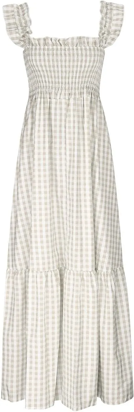 Summer Dresses for Women 2025 Strap Maxi Flowy Dresses Flying Sleeve Plaid Square Neck Casual Beach Vacation Sundress