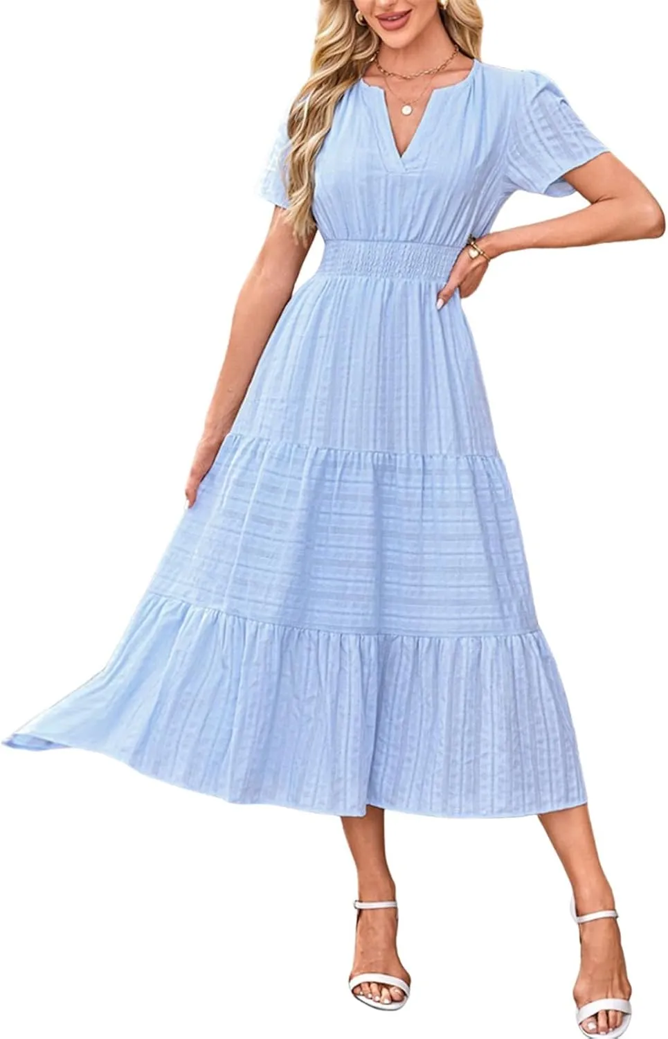 Summer Dresses for Women 2025 V Neck Short Sleeve Flowy Midi Dress Trendy Ruffle Tiered Maxi Dresses Beach Sundress