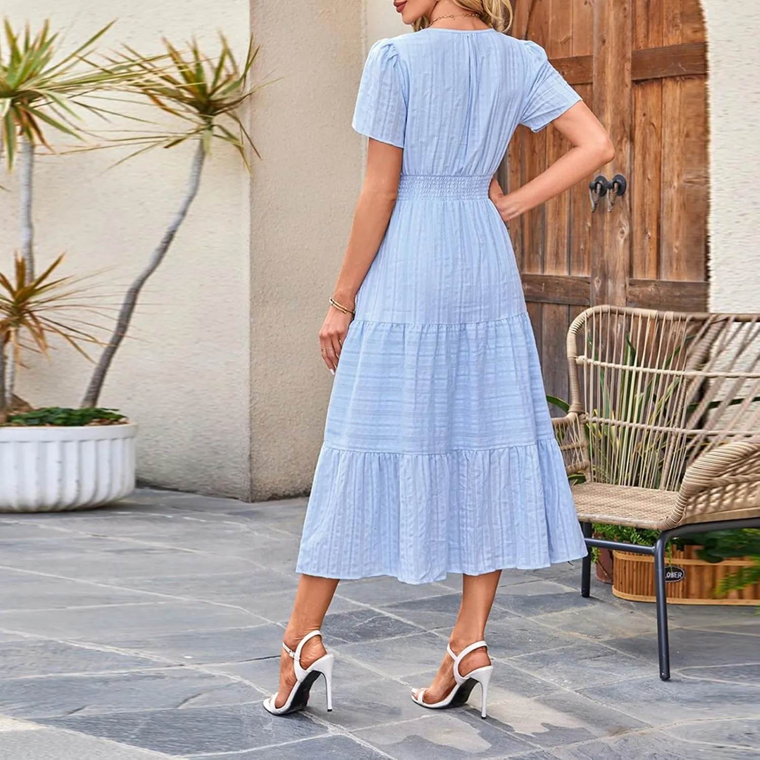 Summer Dresses for Women 2025 V Neck Short Sleeve Flowy Midi Dress Trendy Ruffle Tiered Maxi Dresses Beach Sundress