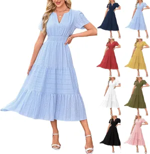 Summer Dresses for Women 2025 V Neck Short Sleeve Flowy Midi Dress Trendy Ruffle Tiered Maxi Dresses Beach Sundress