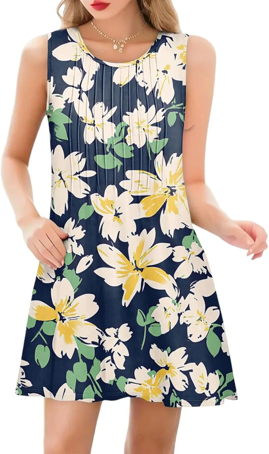 Summer Dresses for Women Casual Sundress Floral Printed Pleated Mini Dress with Pocket Beach Cover Up Swimsuit