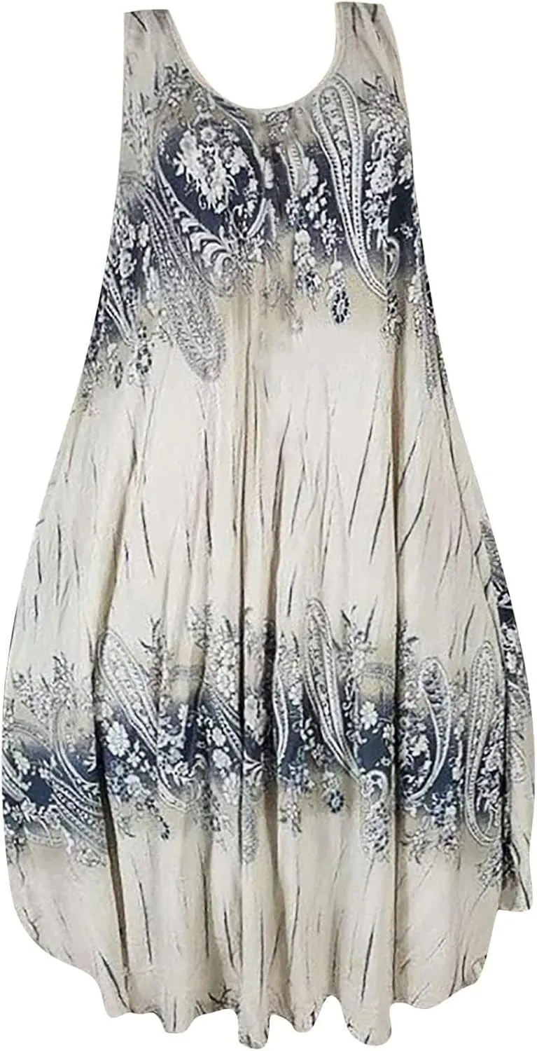 Summer Dresses for Womens Fashion Floral Flowy Swing Knee Length Sundress Sleeveless A-Line Crewneck Midi Tank Dress