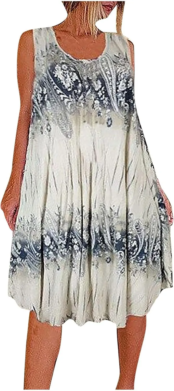 Summer Dresses for Womens Fashion Floral Flowy Swing Knee Length Sundress Sleeveless A-Line Crewneck Midi Tank Dress