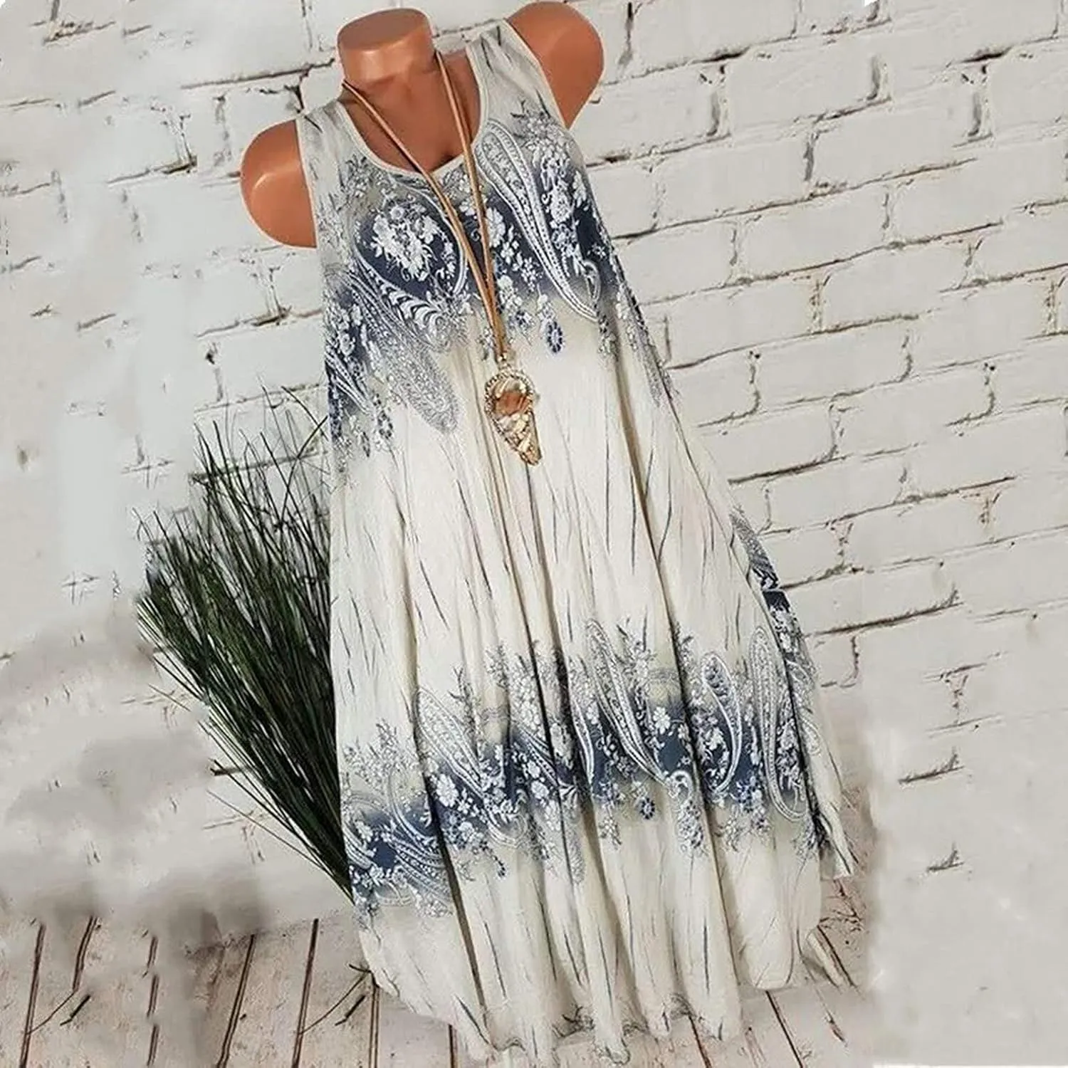 Summer Dresses for Womens Fashion Floral Flowy Swing Knee Length Sundress Sleeveless A-Line Crewneck Midi Tank Dress
