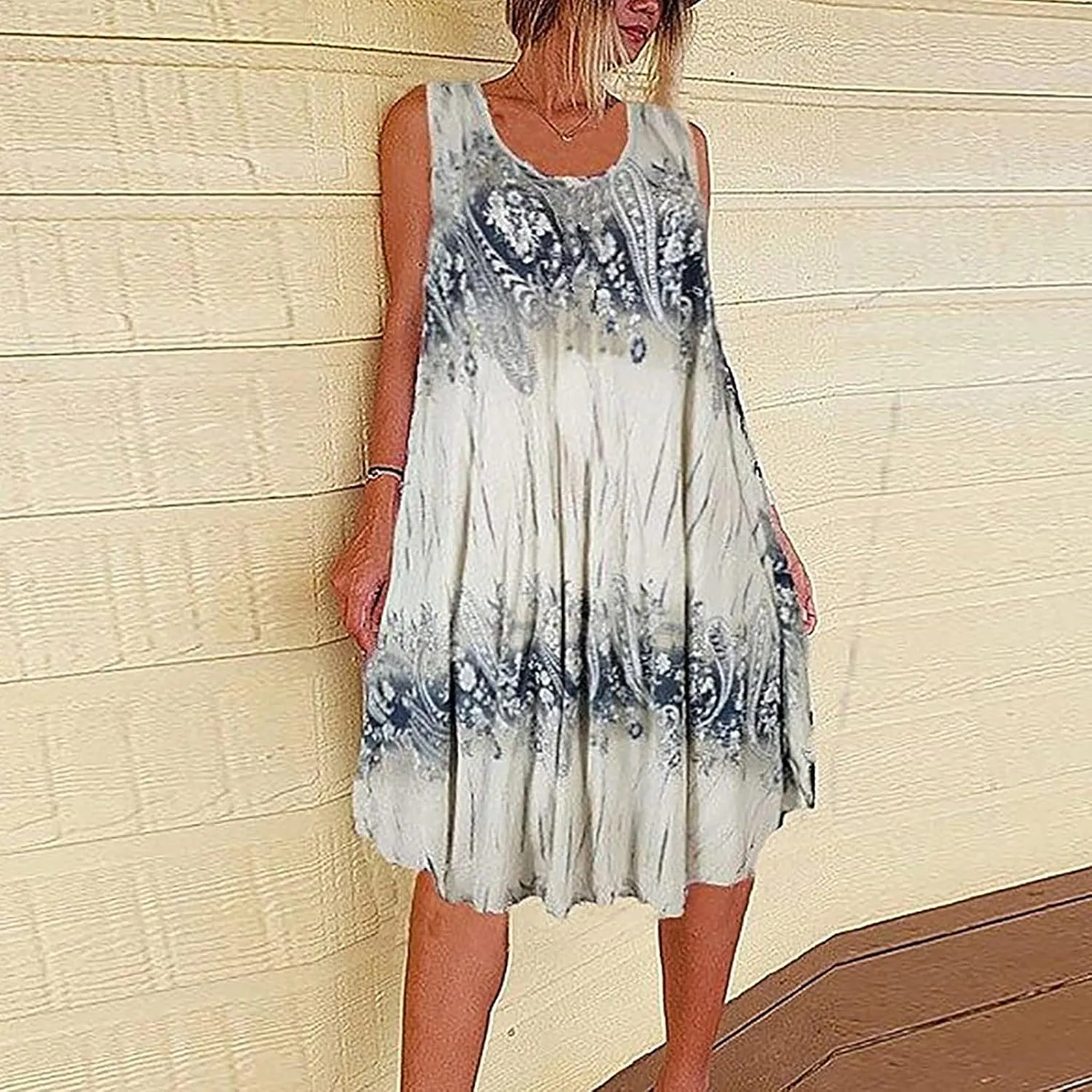Summer Dresses for Womens Fashion Floral Flowy Swing Knee Length Sundress Sleeveless A-Line Crewneck Midi Tank Dress