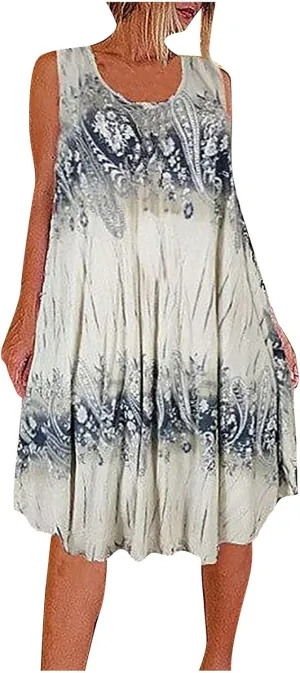 Summer Dresses for Womens Fashion Floral Flowy Swing Knee Length Sundress Sleeveless A-Line Crewneck Midi Tank Dress