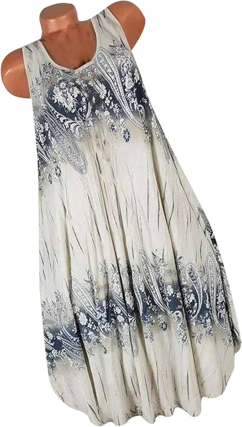 Summer Dresses for Womens Fashion Floral Flowy Swing Knee Length Sundress Sleeveless A-Line Crewneck Midi Tank Dress