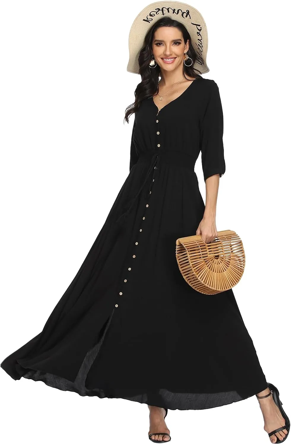 Summer Floral Print Maxi Dress Women Button Up Split Long Flowy Bohemian Beach Party Dresses