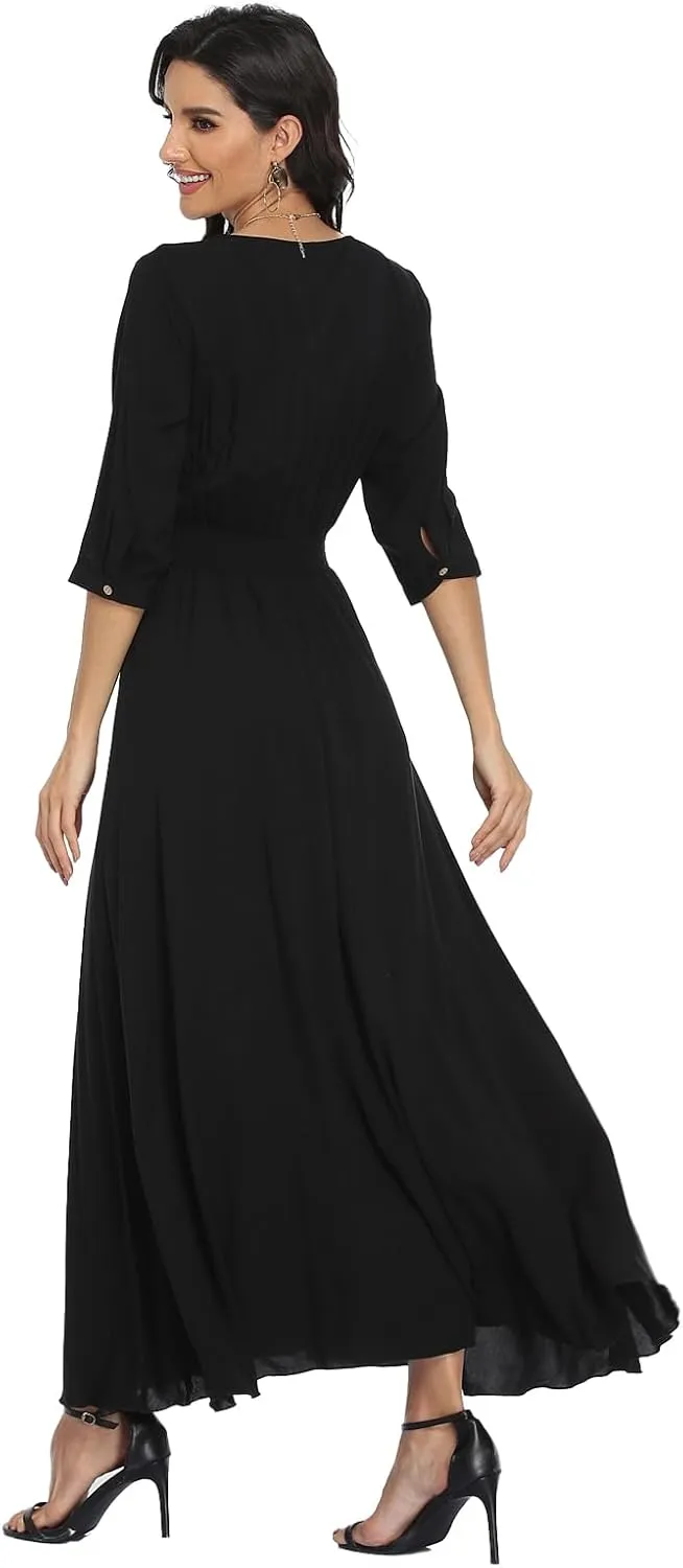 Summer Floral Print Maxi Dress Women Button Up Split Long Flowy Bohemian Beach Party Dresses