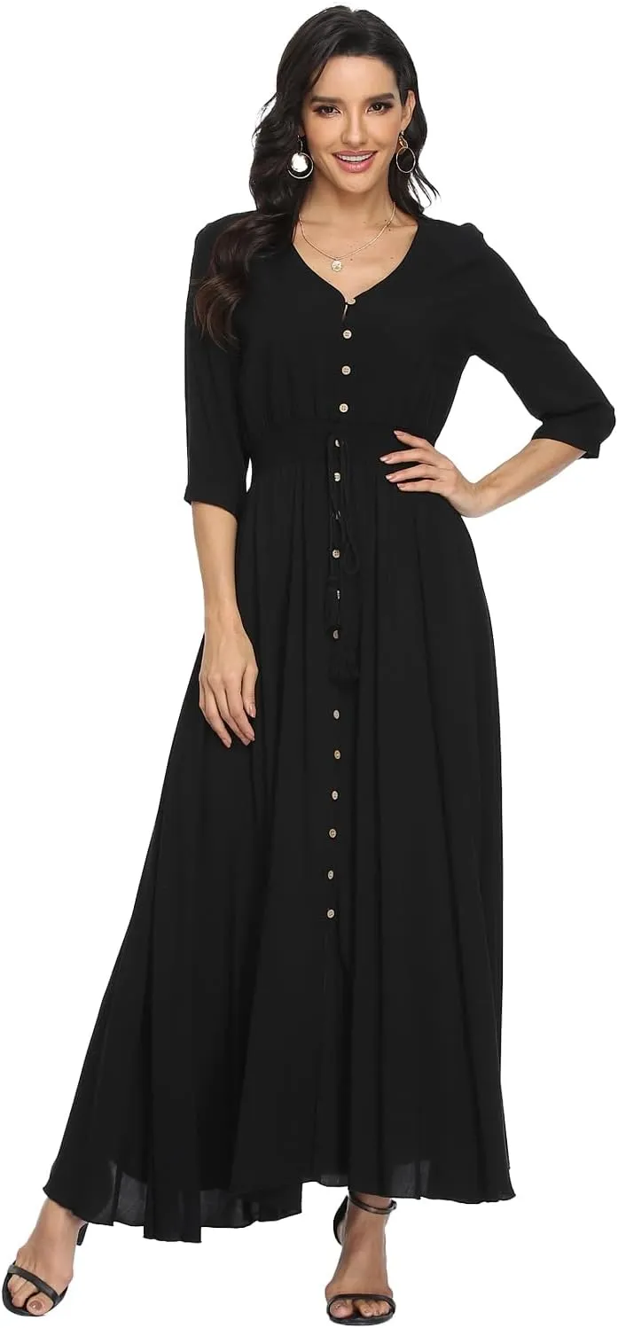 Summer Floral Print Maxi Dress Women Button Up Split Long Flowy Bohemian Beach Party Dresses