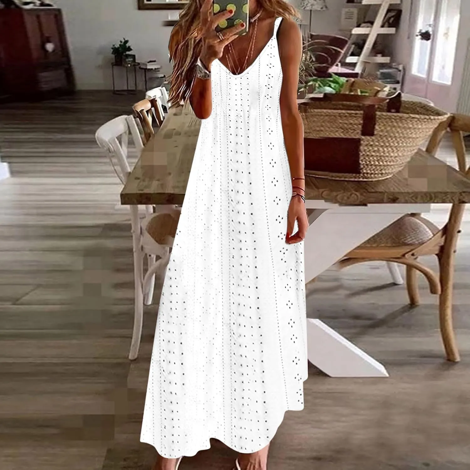 Summer Maxi Dresses for Women 2025 Trendy Beach Vacation Sundress Sexy Spaghetti Strap v Neck Lace Eyelet Dress