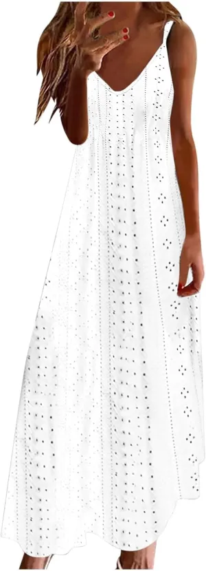Summer Maxi Dresses for Women 2025 Trendy Beach Vacation Sundress Sexy Spaghetti Strap v Neck Lace Eyelet Dress