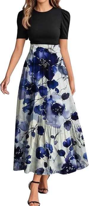 Summer Short Sleeve A-line Round Neck Beach Sundress for Women 2025 Business Boho Floral Printed Dress