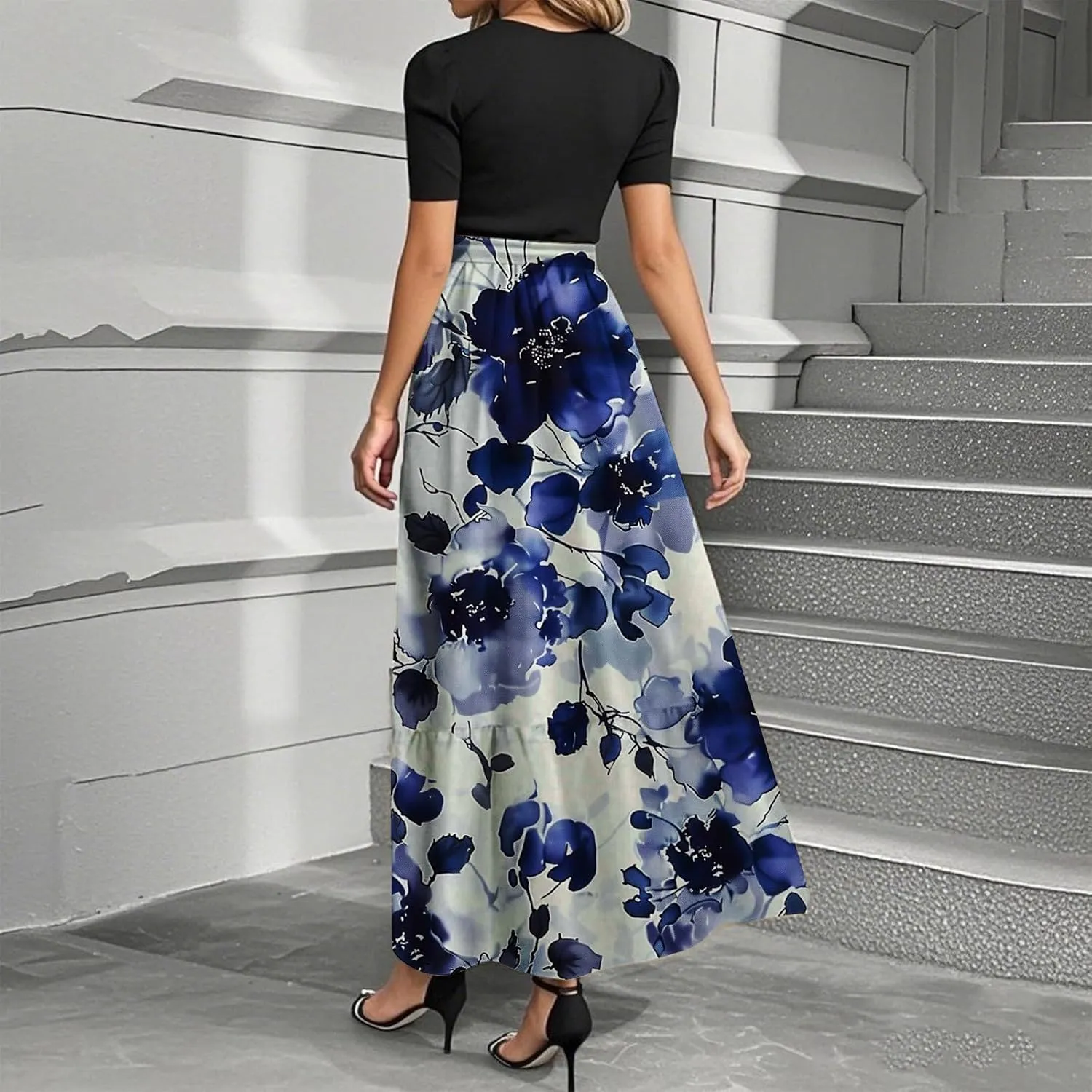 Summer Short Sleeve A-line Round Neck Beach Sundress for Women 2025 Business Boho Floral Printed Dress