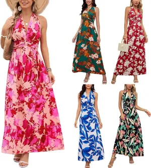 Sundresses for Women 2025 Summer Boho Floral Halter V Neck Wrap Maxi Dresses Sexy Flowy A Line Beach Vacation Dresses