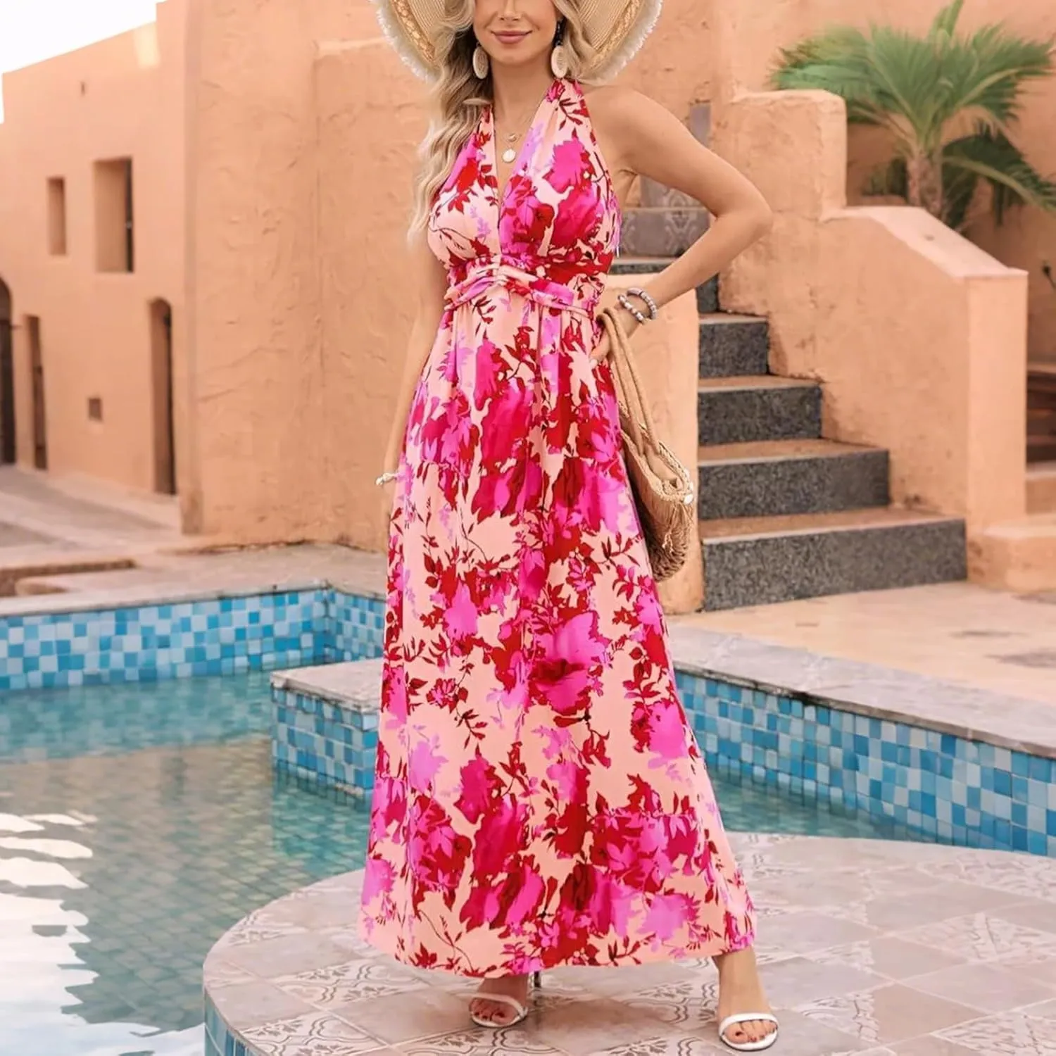 Sundresses for Women 2025 Summer Boho Floral Halter V Neck Wrap Maxi Dresses Sexy Flowy A Line Beach Vacation Dresses