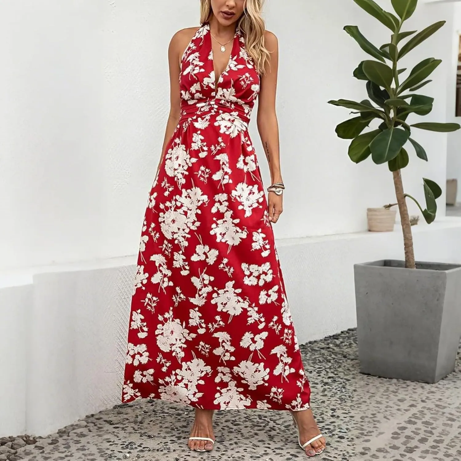 Sundresses for Women 2025 Summer Boho Floral Halter V Neck Wrap Maxi Dresses Sexy Flowy A Line Beach Vacation Dresses