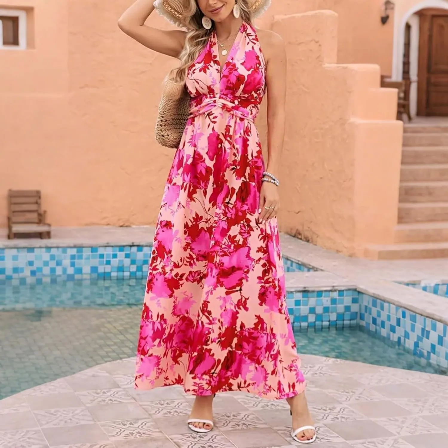Sundresses for Women 2025 Summer Boho Floral Halter V Neck Wrap Maxi Dresses Sexy Flowy A Line Beach Vacation Dresses