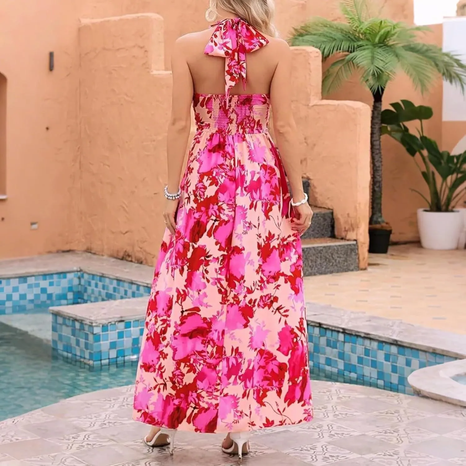 Sundresses for Women 2025 Summer Boho Floral Halter V Neck Wrap Maxi Dresses Sexy Flowy A Line Beach Vacation Dresses