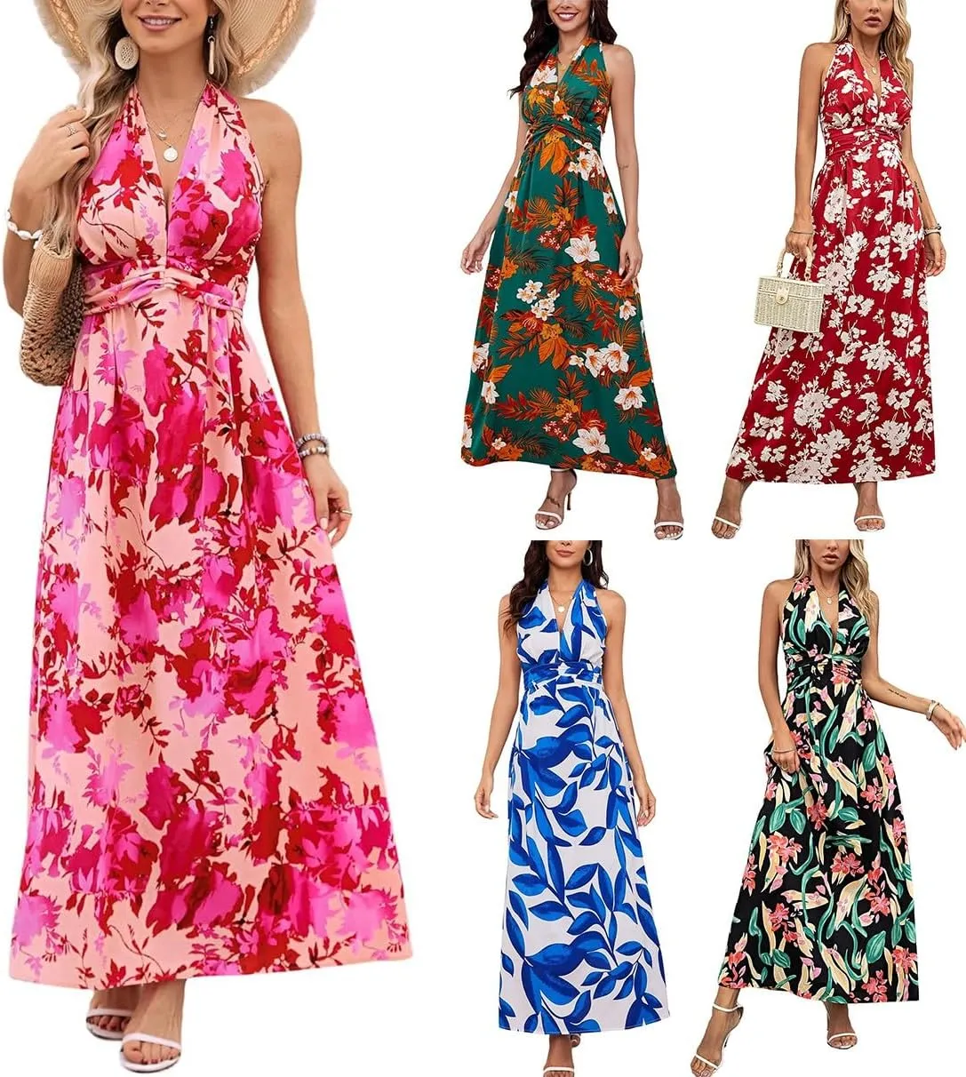 Sundresses for Women 2025 Summer Boho Floral Halter V Neck Wrap Maxi Dresses Sexy Flowy A Line Beach Vacation Dresses