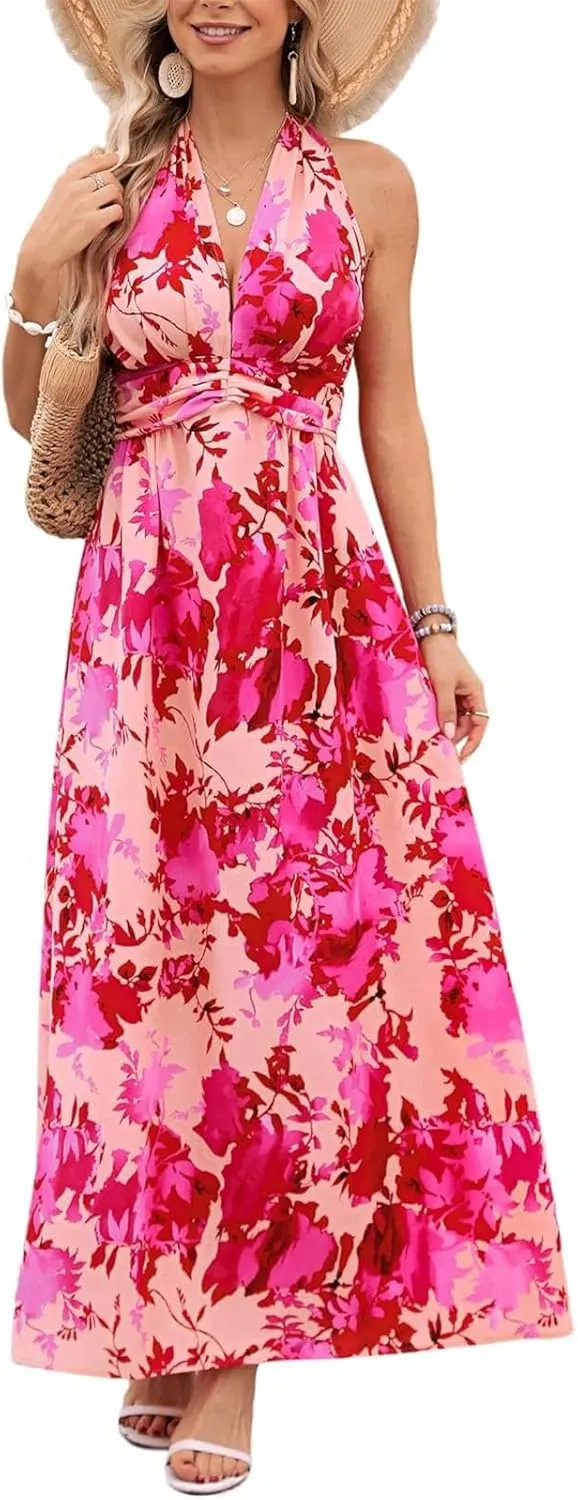 Sundresses for Women 2025 Summer Boho Floral Halter V Neck Wrap Maxi Dresses Sexy Flowy A Line Beach Vacation Dresses