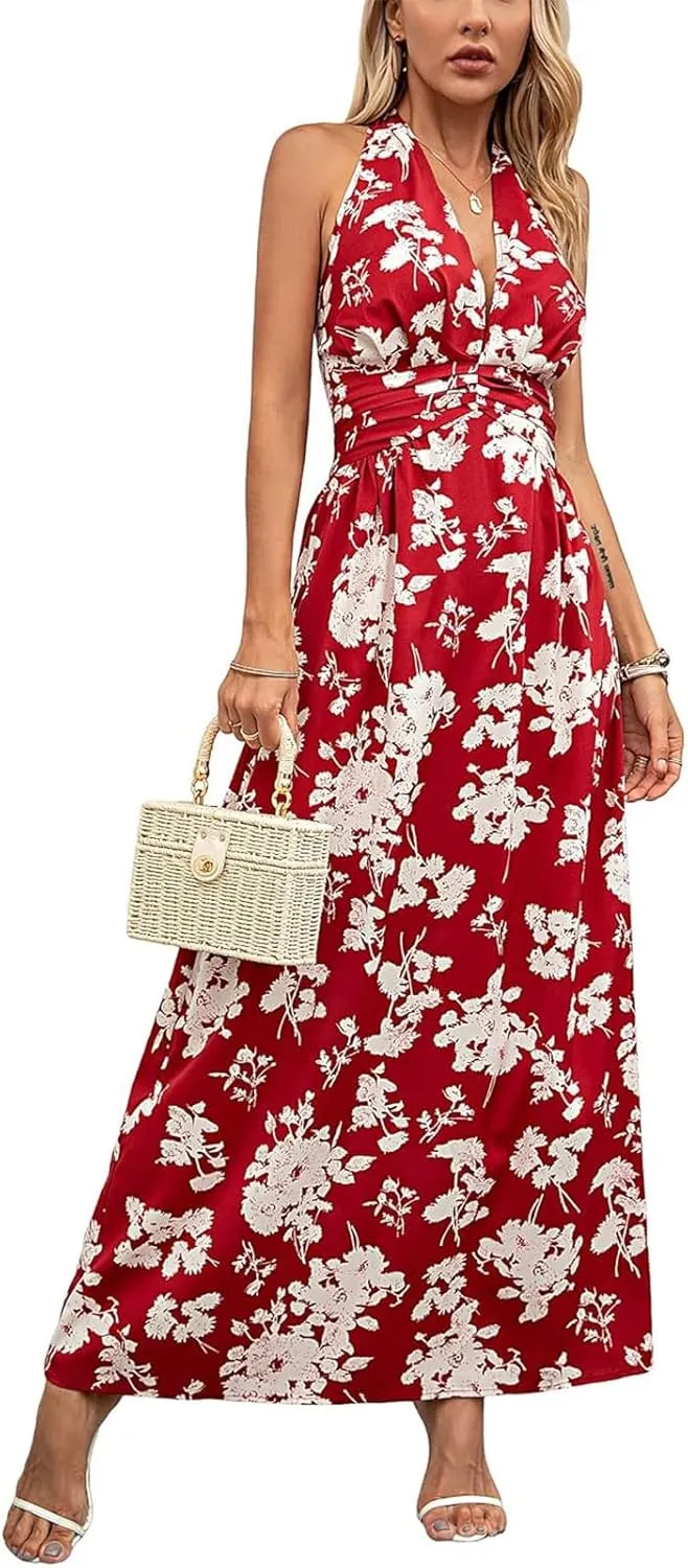 Sundresses for Women 2025 Summer Boho Floral Halter V Neck Wrap Maxi Dresses Sexy Flowy A Line Beach Vacation Dresses