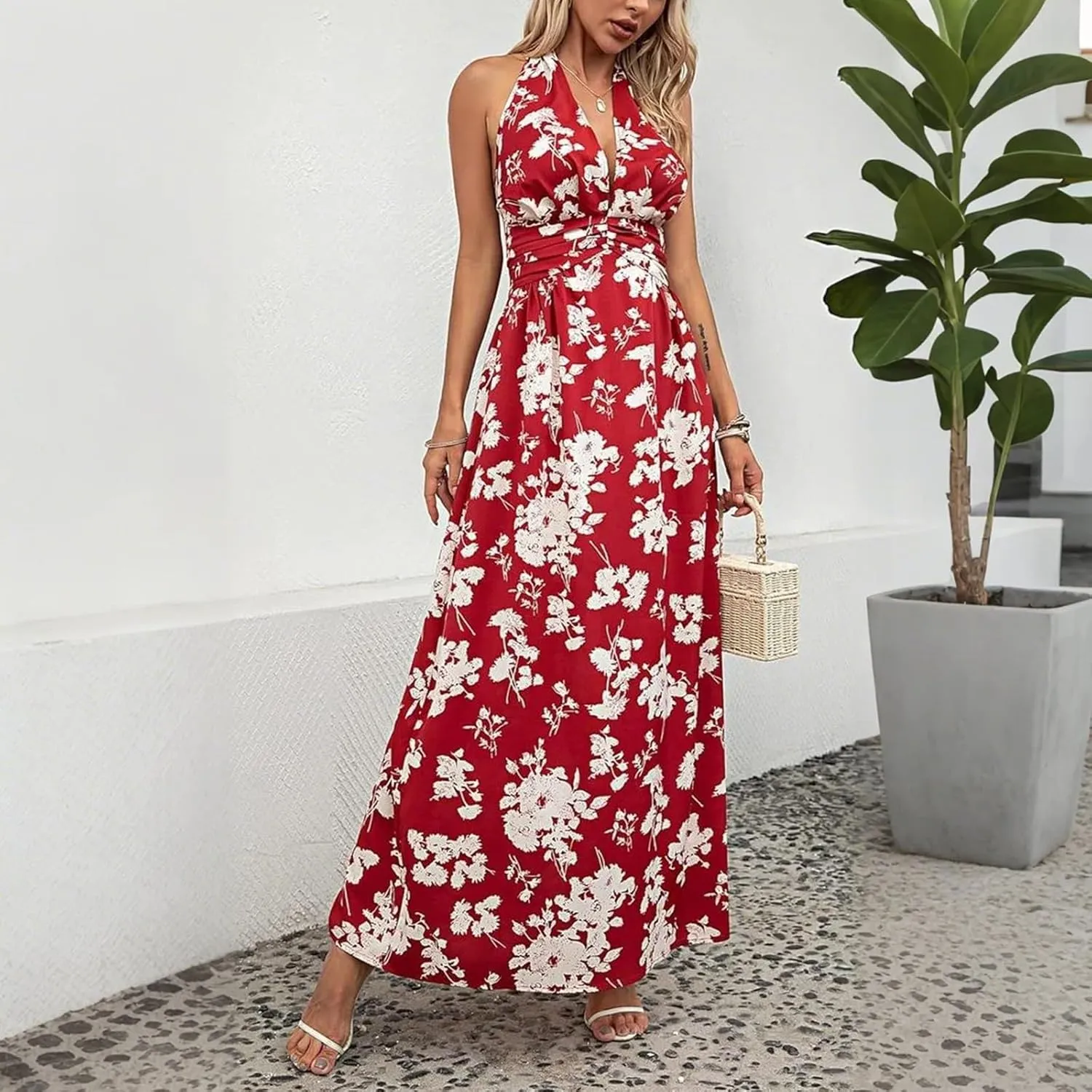 Sundresses for Women 2025 Summer Boho Floral Halter V Neck Wrap Maxi Dresses Sexy Flowy A Line Beach Vacation Dresses