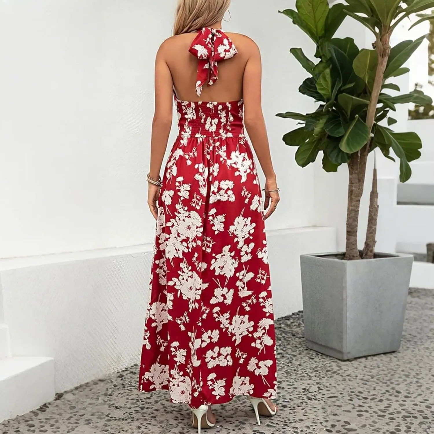Sundresses for Women 2025 Summer Boho Floral Halter V Neck Wrap Maxi Dresses Sexy Flowy A Line Beach Vacation Dresses