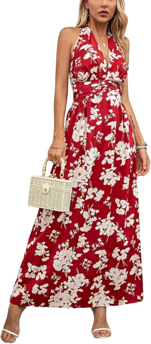 Sundresses for Women 2025 Summer Boho Floral Halter V Neck Wrap Maxi Dresses Sexy Flowy A Line Beach Vacation Dresses