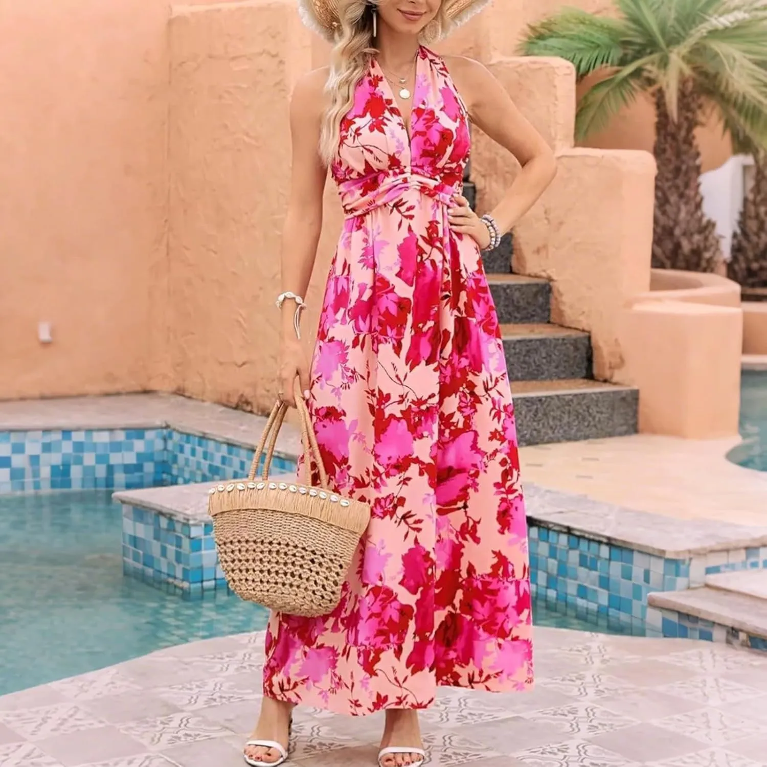 Sundresses for Women 2025 Summer Boho Floral Halter V Neck Wrap Maxi Dresses Sexy Flowy A Line Beach Vacation Dresses