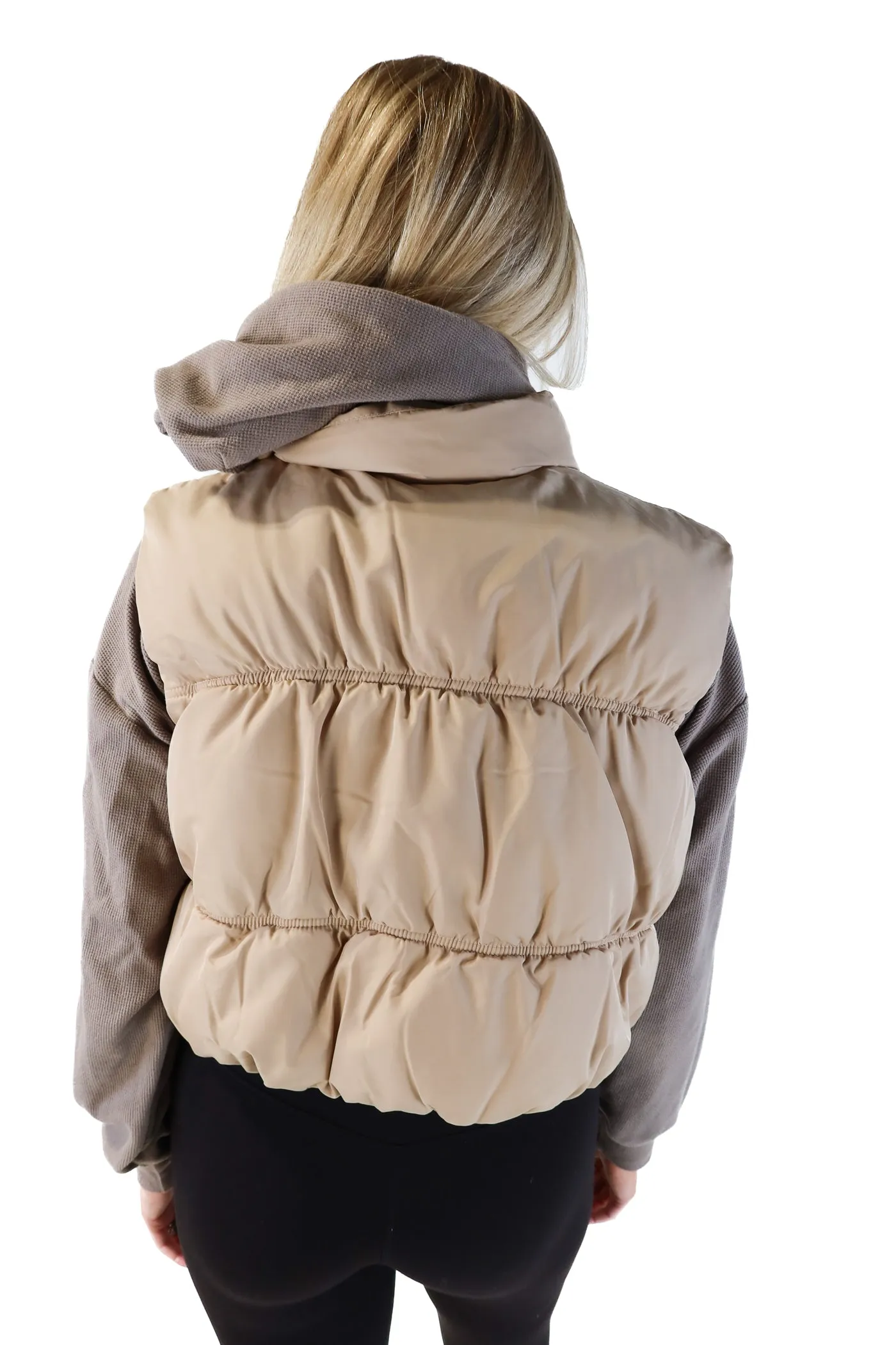 tan cropped puffer vest (s)