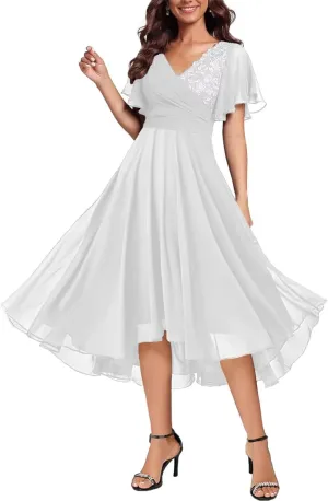 Tea Length Chiffon Mother of Bride Dress with Short Sleeves V-Neck Lace Applique Mother of Groom Dresses