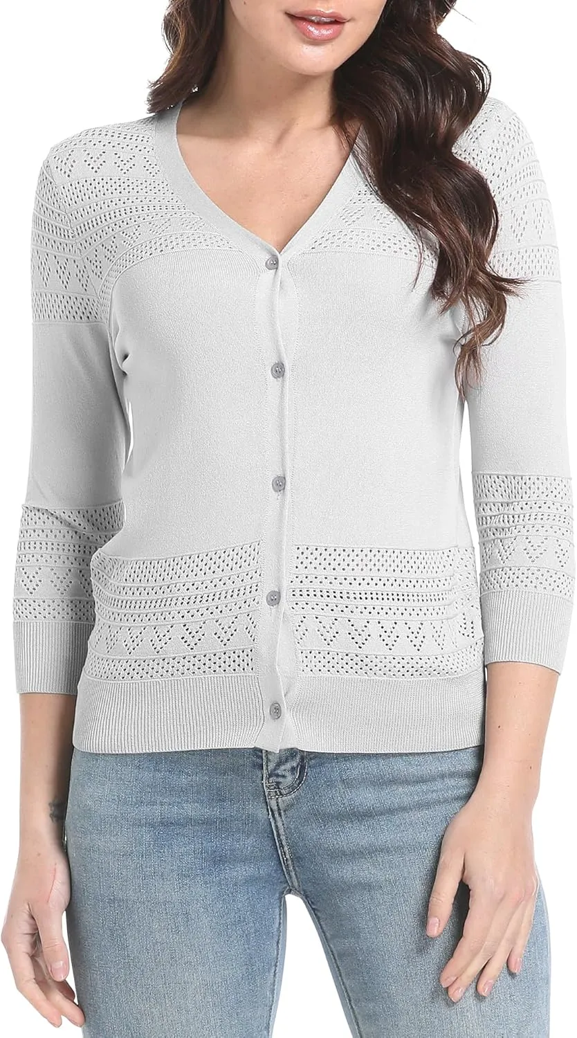 Urban CoCo Women's V-Neck Boho Crochet Cardigan 2025 Summer Lightweight 3/4 Sleeve Open Front Button Down Cover Up
