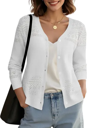 Urban CoCo Women's V-Neck Boho Crochet Cardigan 2025 Summer Lightweight 3/4 Sleeve Open Front Button Down Cover Up