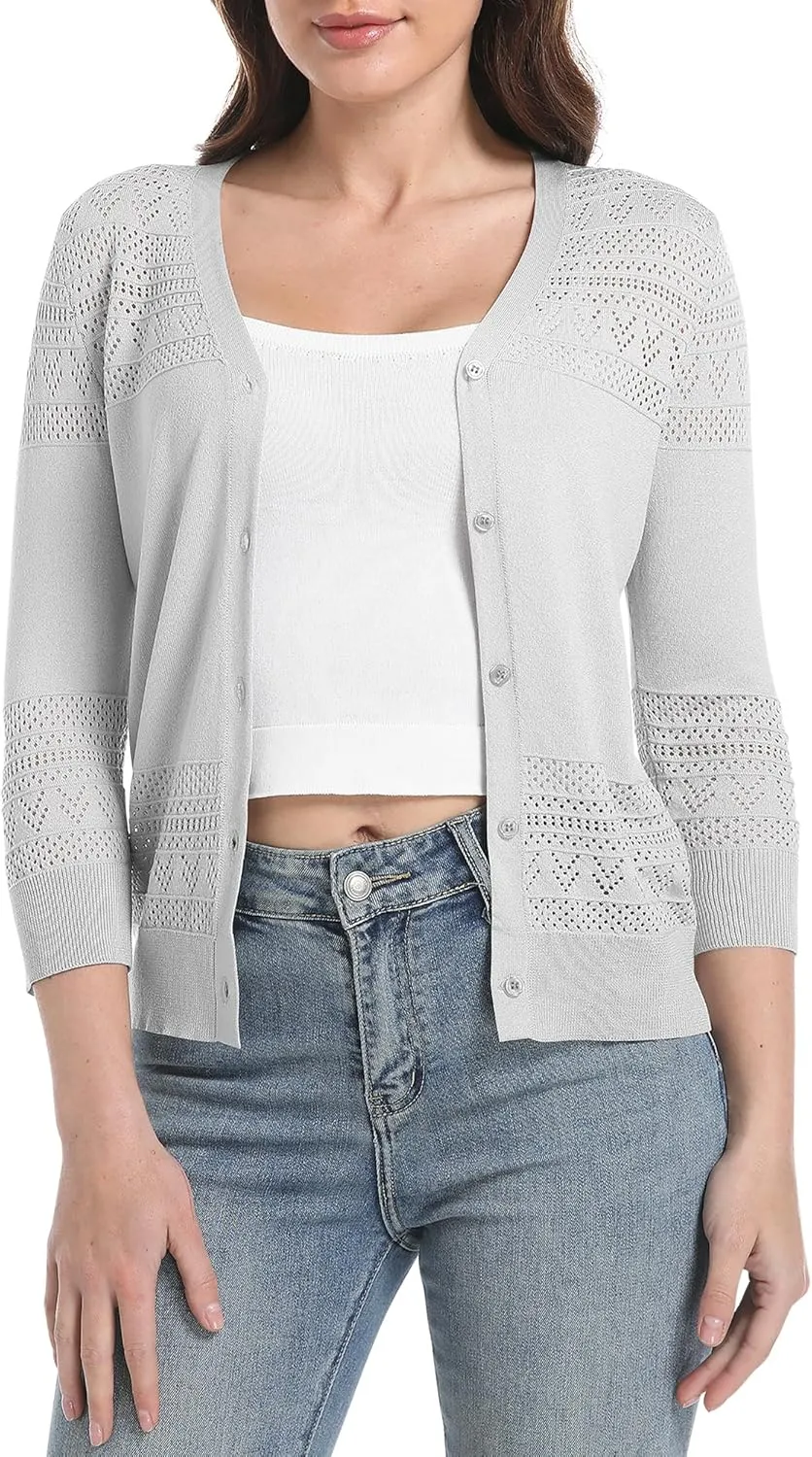 Urban CoCo Women's V-Neck Boho Crochet Cardigan 2025 Summer Lightweight 3/4 Sleeve Open Front Button Down Cover Up