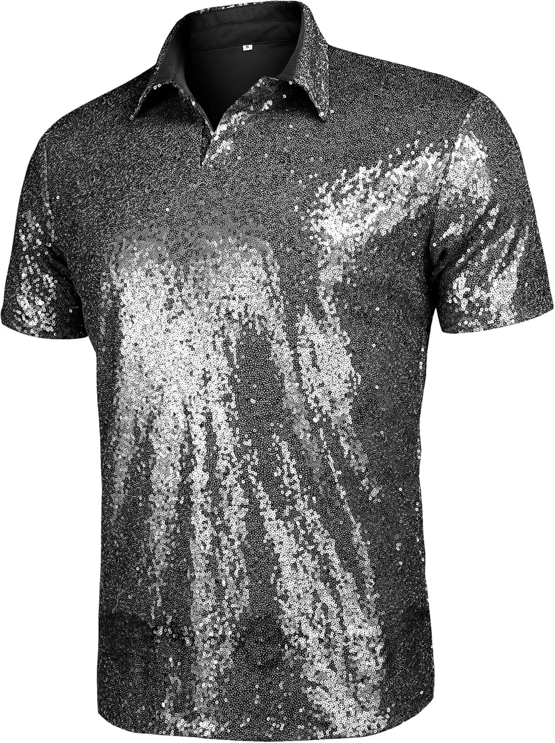 URRU Men's Relaxed Short Sleeve Turndown Sparkle Sequins Polo Shirts 70s Disco Nightclub Party Shirt Tops