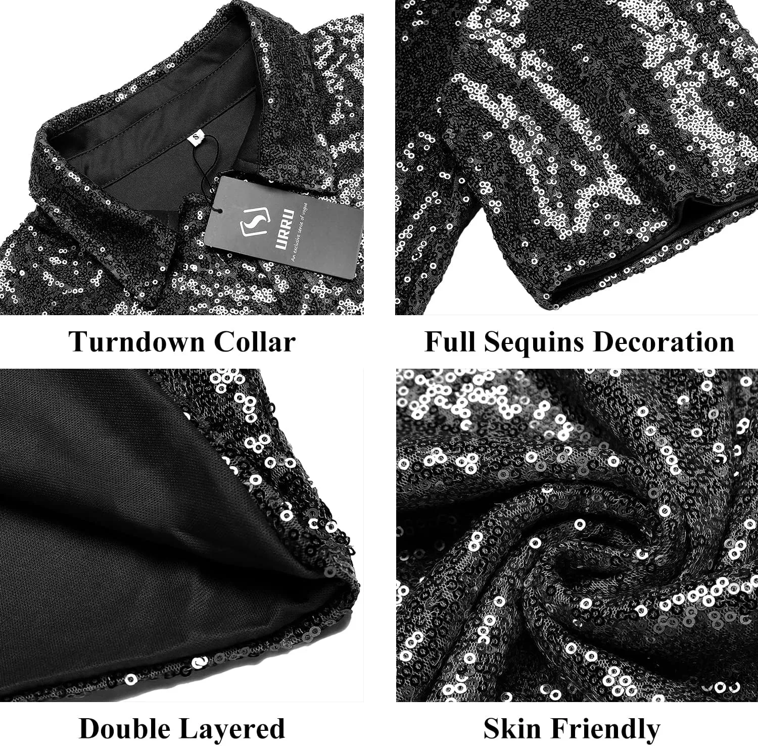 URRU Men's Relaxed Short Sleeve Turndown Sparkle Sequins Polo Shirts 70s Disco Nightclub Party Shirt Tops
