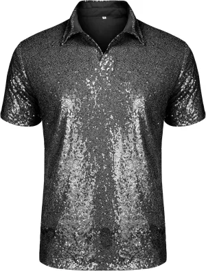 URRU Men's Relaxed Short Sleeve Turndown Sparkle Sequins Polo Shirts 70s Disco Nightclub Party Shirt Tops